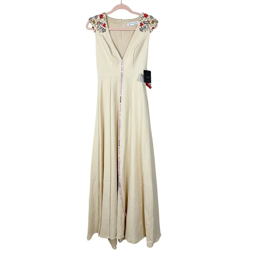 NWT Mac Duggal Beaded Cap Sleeve V Neck A Line Gown Vanilla 0 - Picture 3 of 8